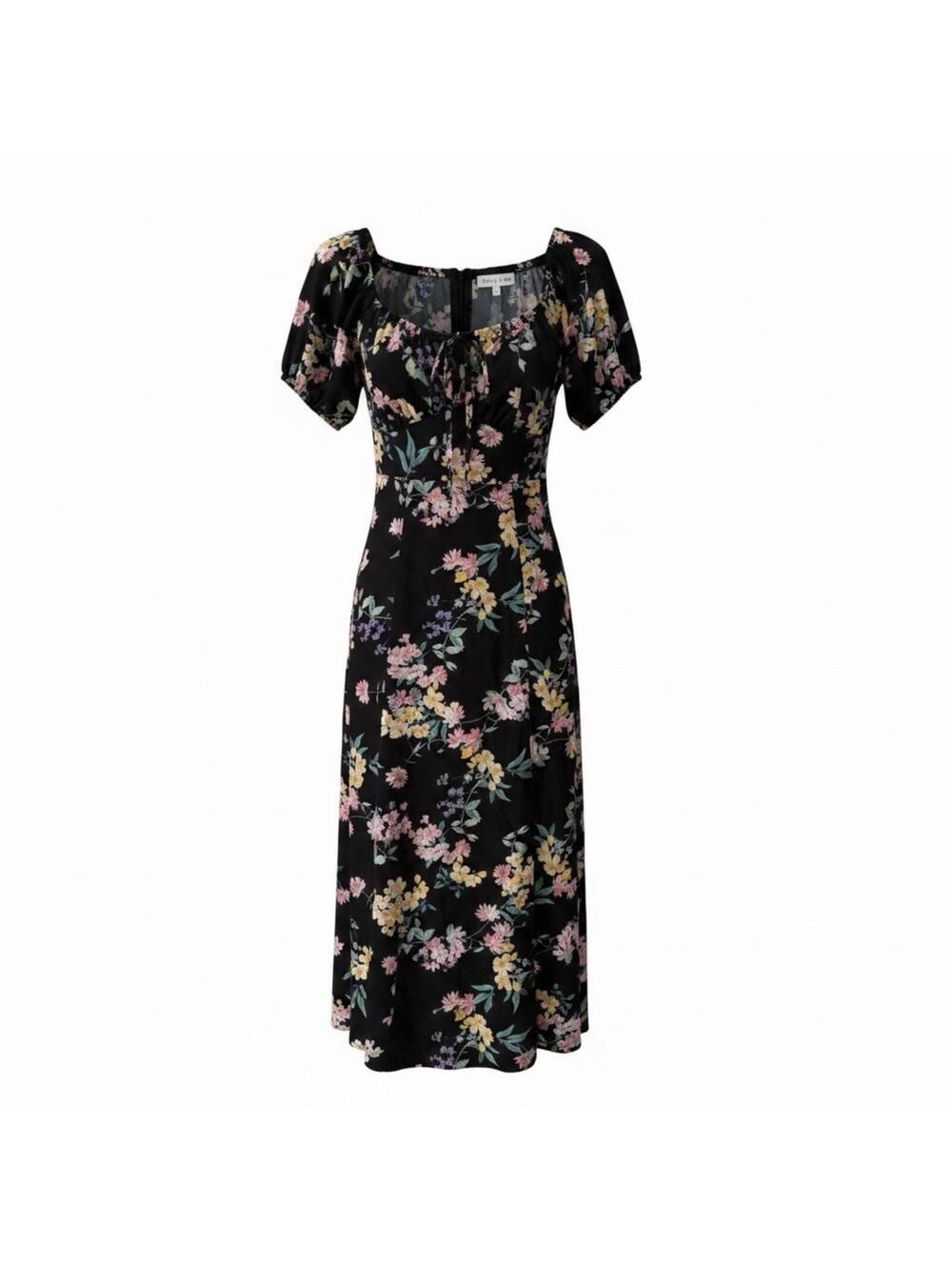 Mary & Mo Black Floral Midi Dress Women’s Size M Cottagecore Slit Puff Sleeve‎